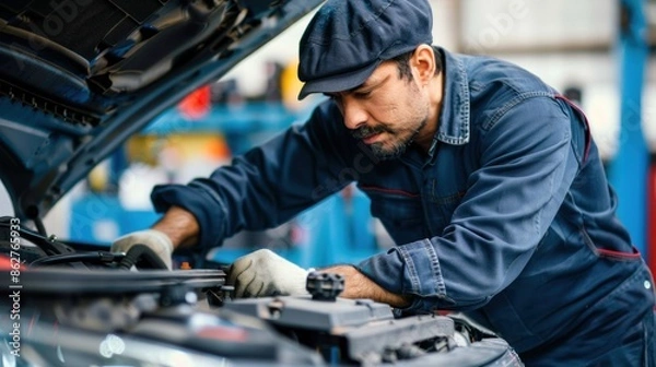 Fototapeta A mechanic inspecting under the hood while repairing a car, against a simple background perfect for adding text or logos 