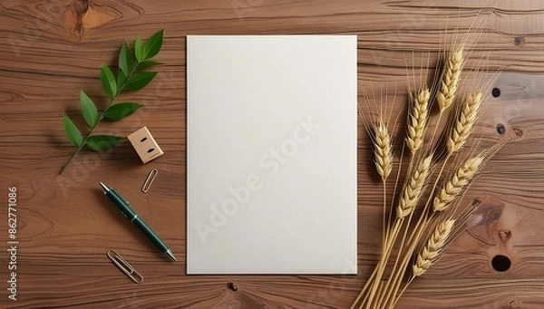Fototapeta letterhead mockup on a wooden background with blank letterhead, a small bundle of dry wheat, green leaves, pen, paper clips and stamp