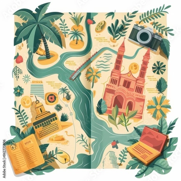Fototapeta A map of a tropical island with a book, a camera, and a laptop on it