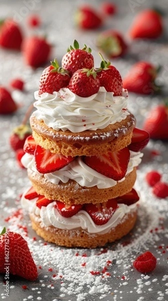 Fototapeta A cake with strawberries on top and a white frosting
