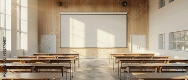 Fototapeta A large empty classroom with wooden desks and chairs