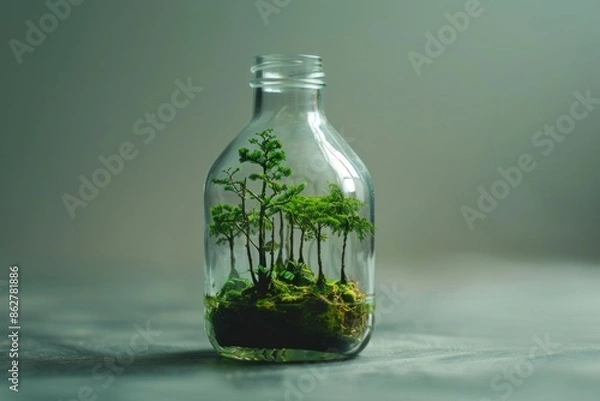Fototapeta A clear, empty bottle with a tiny forest growing inside.