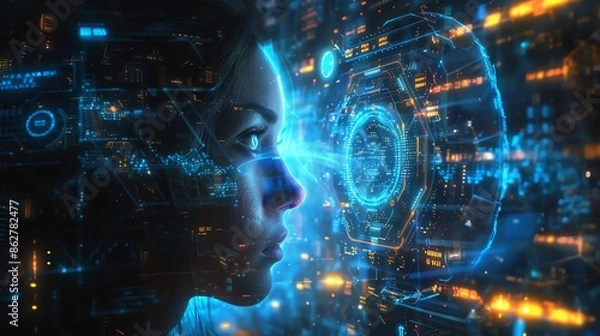 Fototapeta Abstract futuristic portrait of a woman with glowing digital elements.