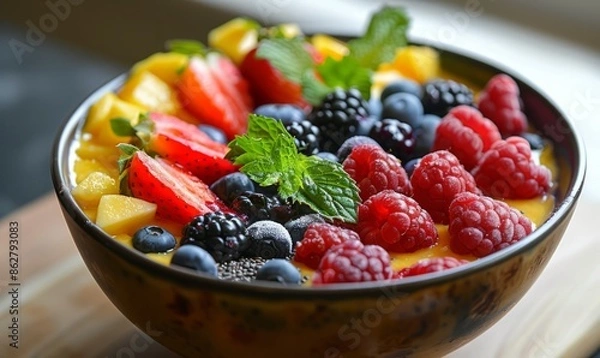 Fototapeta A refreshing summer smoothie bowl with toppings