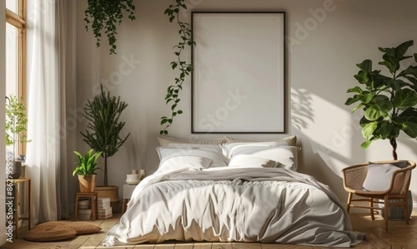 Fototapeta Bright bedroom with an empty frame on the wall