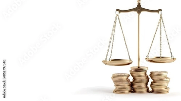 Fototapeta A gold-colored scale with two balanced trays, each holding a stack of gold coins.