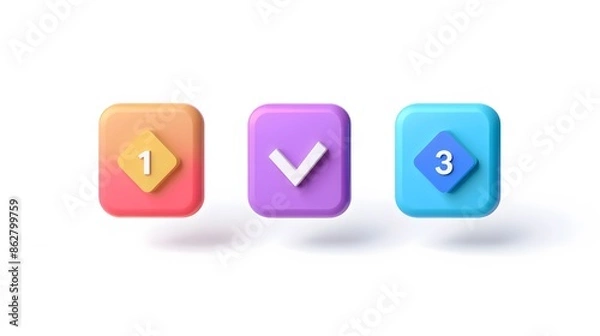 Fototapeta Label set with percent, check mark and discount. App icon. 3D Web Vector Illustrations. White background