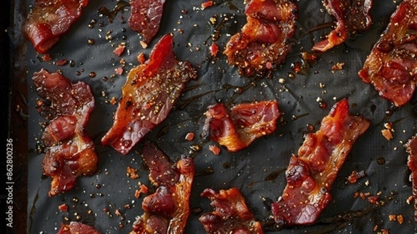 Fototapeta Pieces of candied bacon laid out on a parchment-lined baking tray, with a dark, textured background that enhances the glistening, caramelized surface of the bacon