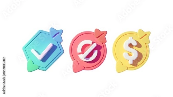 Fototapeta Label set with percent, check mark and discount. App icon. 3D Web Vector Illustrations. White background