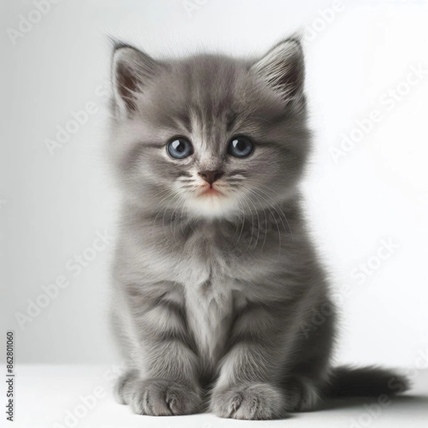 Obraz Gray cat lying on a white surface, close-up view, feline concept