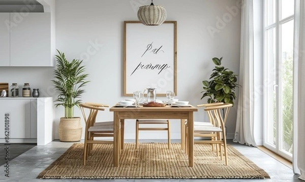 Fototapeta Bright dining room with an empty frame on the buffet