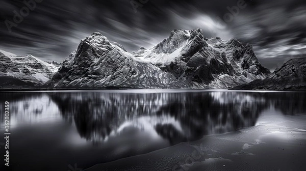Obraz Majestic ice-covered mountains reflecting in calm sea waters at dawn