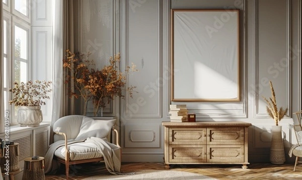 Fototapeta Elegant bedroom with a blank canvas on the dresser