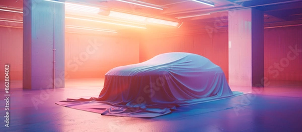 Fototapeta unknown new mystery car presentation covered by fabric