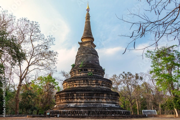 Fototapeta Wat Umong Suan Puthatham Buddhist temple in the historic centre of Chiang Mai. Ancient Buddhist temple pagoda popular tourist attraction in Chiang Mai, Thailand