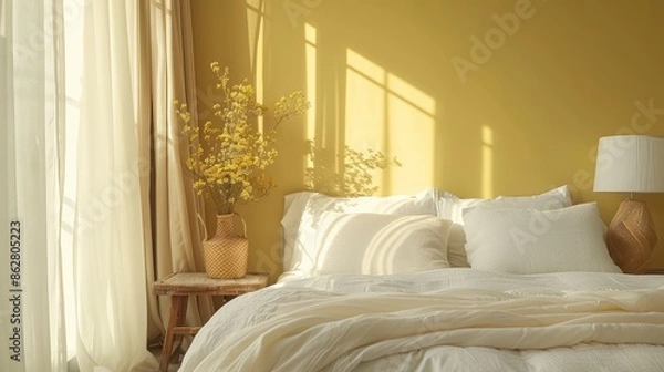 Fototapeta A cozy bedroom decorated in soft shades of yellow, with minimalist furniture and decor creating a warm and inviting atmosphere. The image provides plenty of copy space for adding text or graphics.