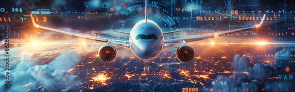 Fototapeta A futuristic airplane flies through the night sky, its sleek design and powerful engines illuminated by the city lights below