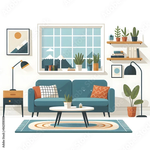 Fototapeta Isolated flat-style illustration of cozy living room interior with sofa and coffee table on wite background.