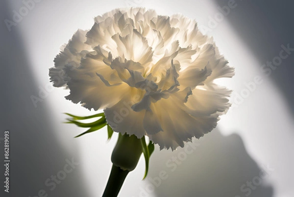 Fototapeta Close-up of an elegant white carnation flower illuminated by soft light, with a shadowed background creating a serene and minimalist atmosphere