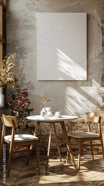 Fototapeta Elegant dining room with a blank canvas on the wall