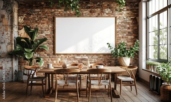 Fototapeta Rustic dining room with a blank canvas on the wall