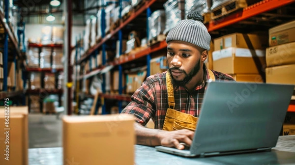 Fototapeta A warehouse worker diligently types on a laptop, surrounded by towering shelves filled with cardboard boxes, showcasing the essential role technology plays in modern logistics