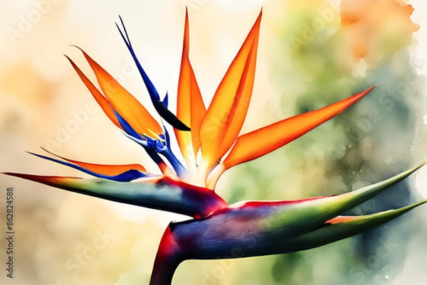 Fototapeta Vibrant Bird of Paradise flower illustration with colorful background, Artistic illustration of a vibrant Bird of Paradise flower