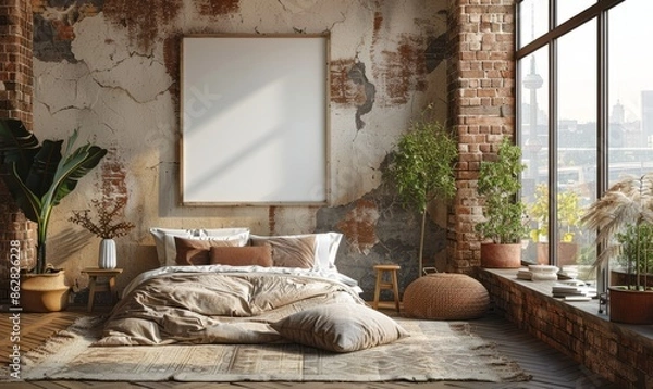 Fototapeta Industrial bedroom with a blank canvas on the wall