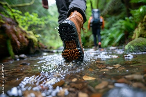 Fototapeta Hikers navigating a forest stream, boots wading through clear water