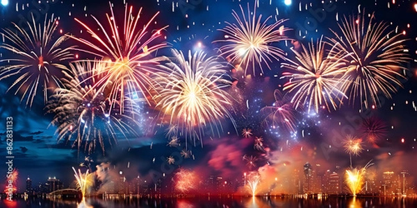 Fototapeta A beautiful display of colorful fireworks lighting up the night sky over water.