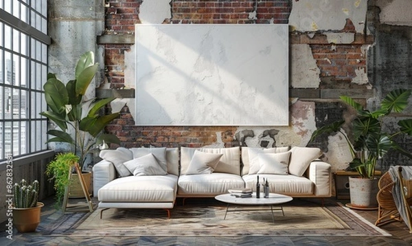 Fototapeta Elegant living room with a blank canvas above the sofa