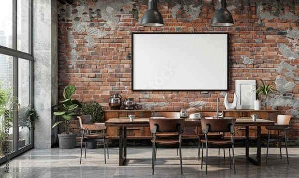 Fototapeta Industrial dining room with a blank frame on the buffet