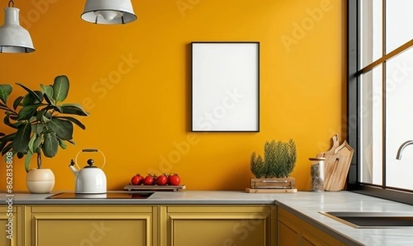 Fototapeta Bright kitchen with an empty frame on the counter