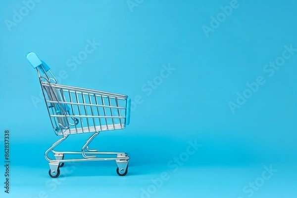 Fototapeta Closeup of minimalist chrome and plastic shopping cart on blue background. Empty trolley.