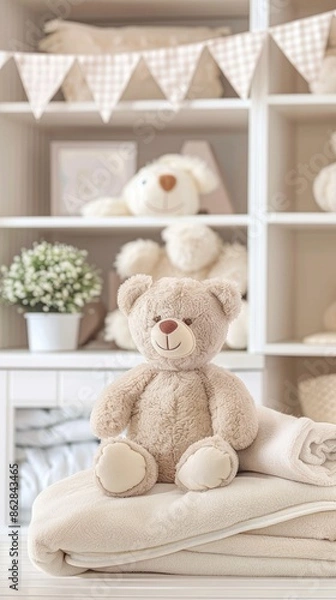 Fototapeta A beige teddy bear sits on a folded white blanket in a nursery setting