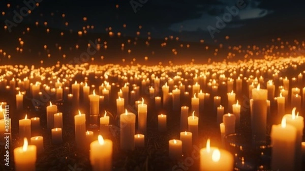 Fototapeta scene of a candlelight vigil with hundreds of candles glowing brightly against the dark night sky, poster