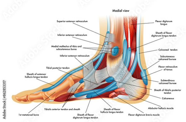 Obraz Foot anatomy illustration, whit annotations.