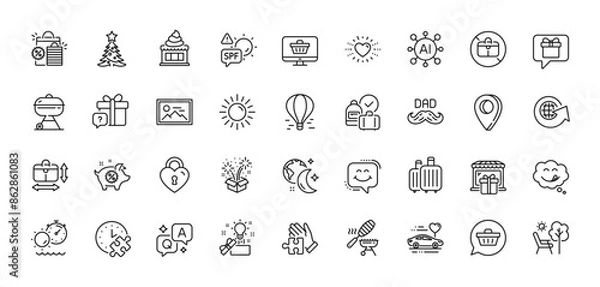 Fototapeta Creative idea, Puzzle time and Heart line icons pack. AI, Question and Answer, Map pin icons. Ice cream, Fireworks, Secret gift web icon. Fish grill, Puzzle, Air balloon pictogram. Vector