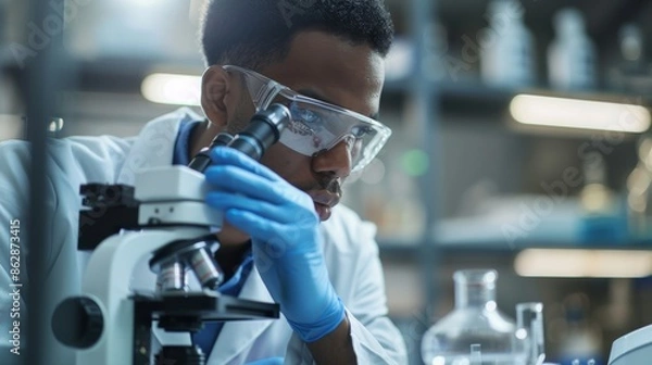 Fototapeta Scientist Examining Sample Through Microscope in Laboratory - Generative AI