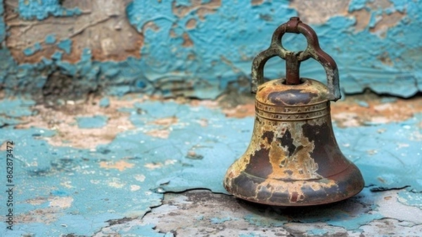 Obraz Rusty bell on chipped blue paint background, symbolizing decay