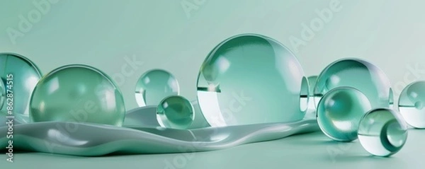 Fototapeta Abstract glass spheres on a smooth surface with a pastel green background