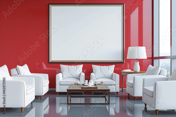 Fototapeta Mockup canvas frame in a red waiting room for clients, featuring white armchairs and a coffee table