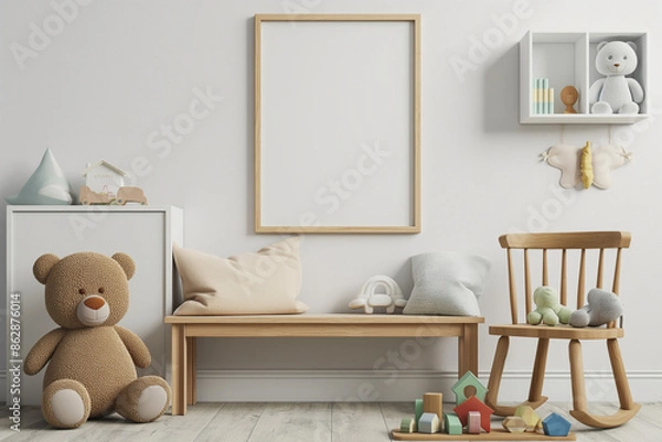 Fototapeta Modern and design Scandinavian interior of a kid's room with a wooden bench, armchair, mock-up poster frame