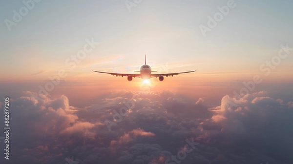 Obraz Large plane flying against the background of the sunset sky