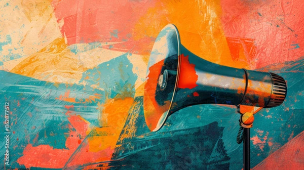 Obraz Retro Vintage Megaphone on Vibrant Abstract Background with Bold Shapes and Colors