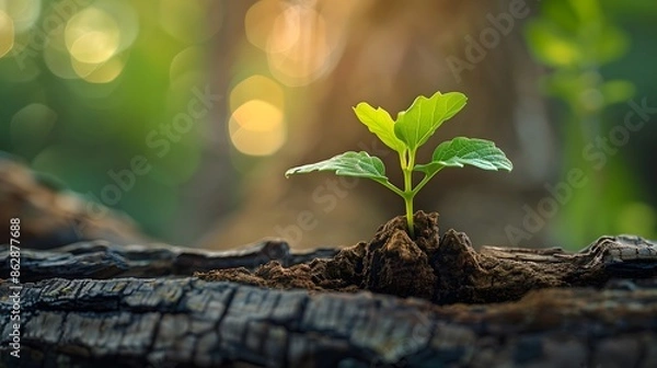 Fototapeta Tiny sprout growing within a dead tree trunk, representing the renewal and force of life in nature