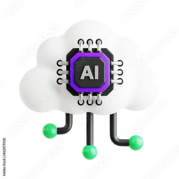 Fototapeta cloud storage service with Ai artificial intelligence processor chip 3d icon illustration render design
