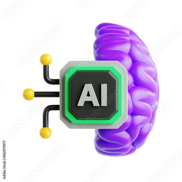 Fototapeta half brain with AI artificial intelligence processor circuit for hybrid human and machine combination technology 3d icon illustration render design