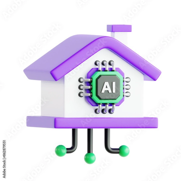 Fototapeta house with AI artificial intelligence processor and circuit line for interne of things future technology 3d icon illustration render design