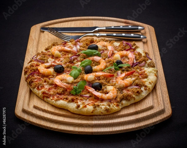 Fototapeta Tuna pizza with shrimp and cutlery
